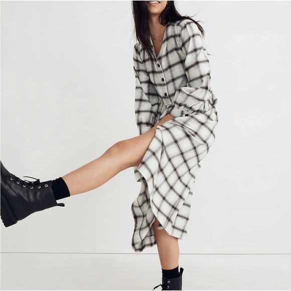 MADEWELL Plaid Flannel Button Front Midi Dress Size 12 NWT Cozy $128 LARGE - Picture 2 of 12